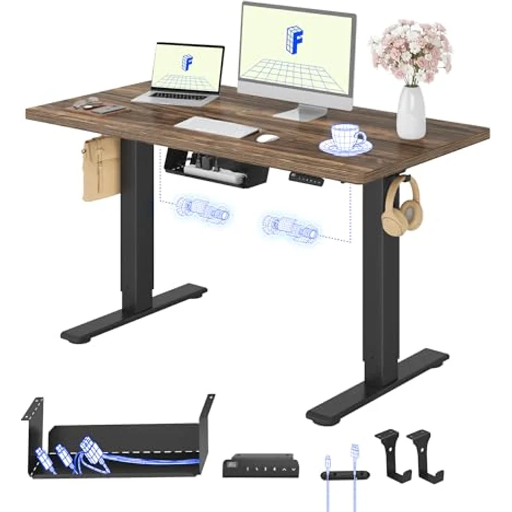 FLEXISPOT Höhenverstellbarer Schreibtisch mit 2 Motoren & 25MM einteiliger Tischplatte,ergonomischer Bürotisch - 120x80 cm Walnussbraun, schwarzes Gestell – Bild 2