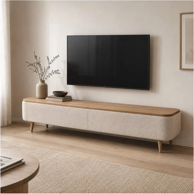 Skye Decor Lowboard Snug Japandi, Teddy-Optik in Weiß mit integriertem Stauraum, 120 x 45 x 30 cm