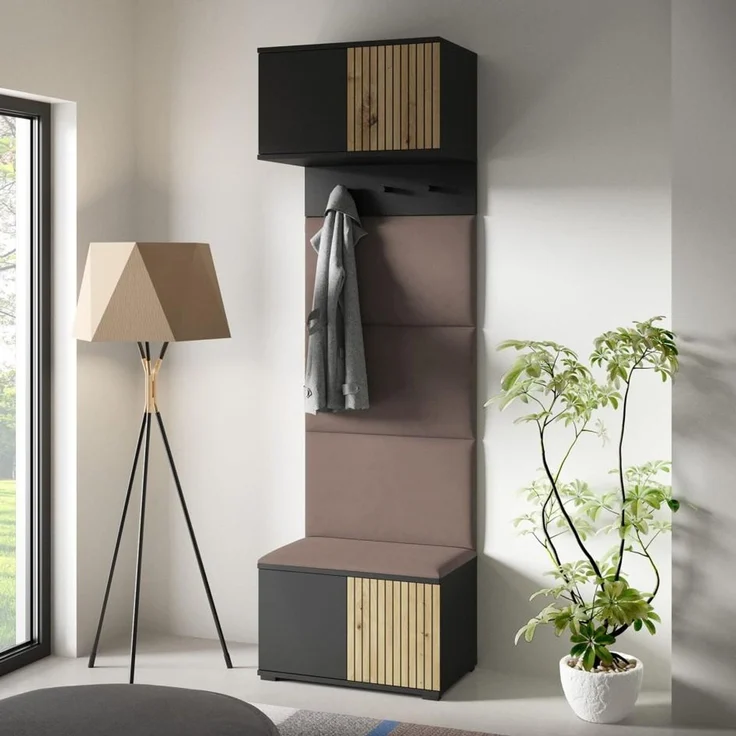 Garderoben-Set Rosario Version 5 mit Lamellen, mit Polsterplatten und Schuhschrank (Schwarz / Eiche Artisan, Trinity 06), 225 x 40 x 70 cm – Bild 6