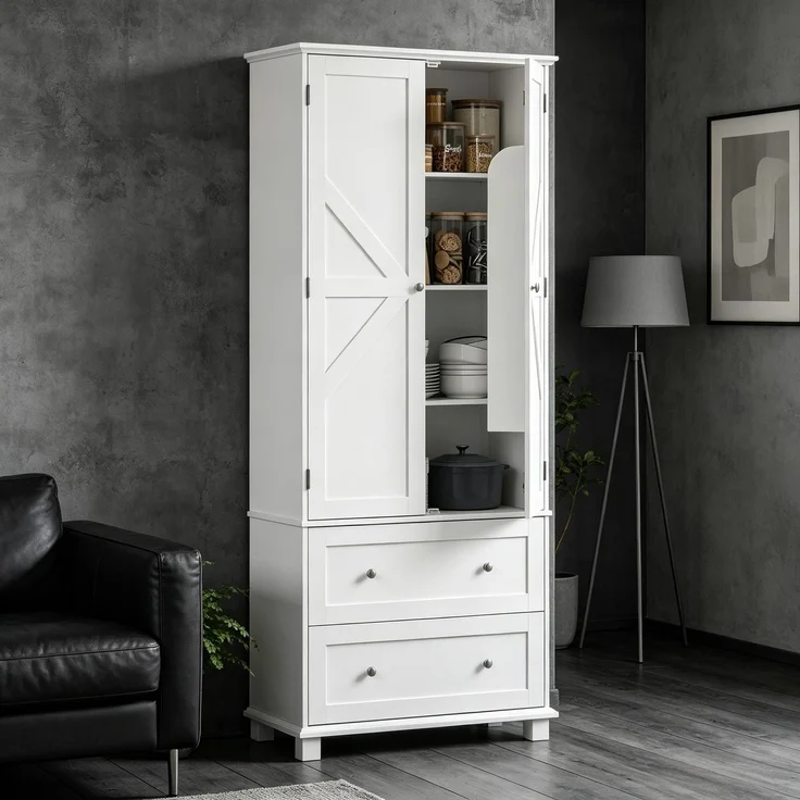 Küchenbuffet 80 x 39,5 x 184,5 cm aus MDF in Weiß mit 2 Schubladen und verstellbaren Einlegeböden – Bild 3