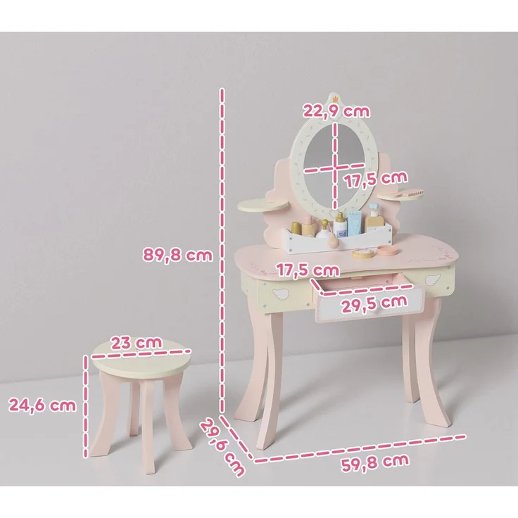 AIYAPLAY Schminktisch mit Hocker, Schublade, abnehmbar Spiegel, Regal, 7 Spielzubehörteilen (Frisiertisch, 2-St, 2-in-1-Kosmetiktisch), für Kinder ab 3 Jahre, Rosa – Bild 7
