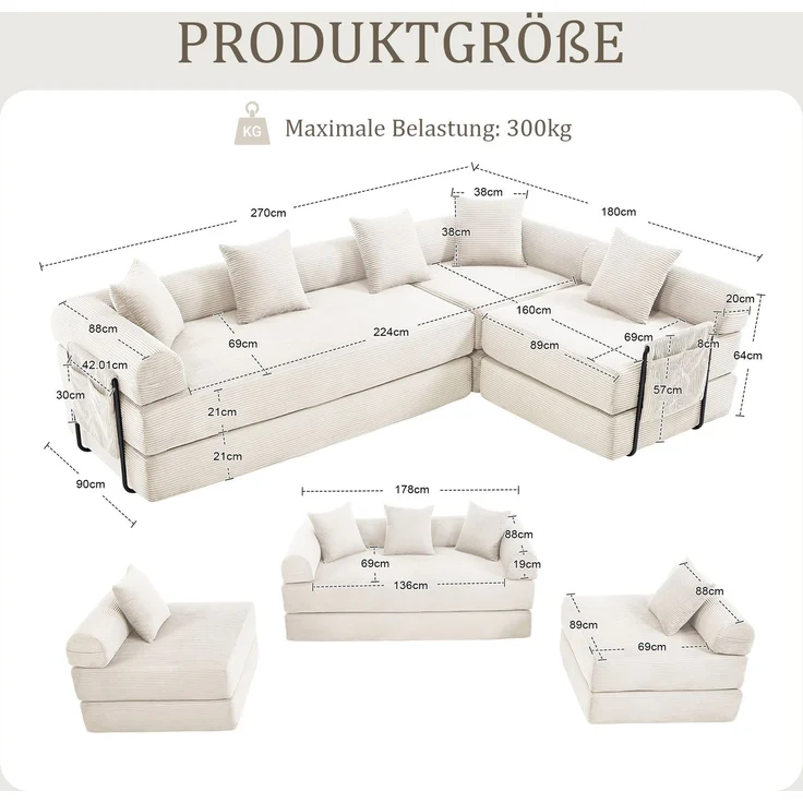 LVHOM Schlafsofa 5-Sitzer, Klappsofa mit Schlaffunktion, Bodensofa mit Seitentaschen, Ecksofa aus Cordstoff, frei Kombinierbar, Beige – Bild 6