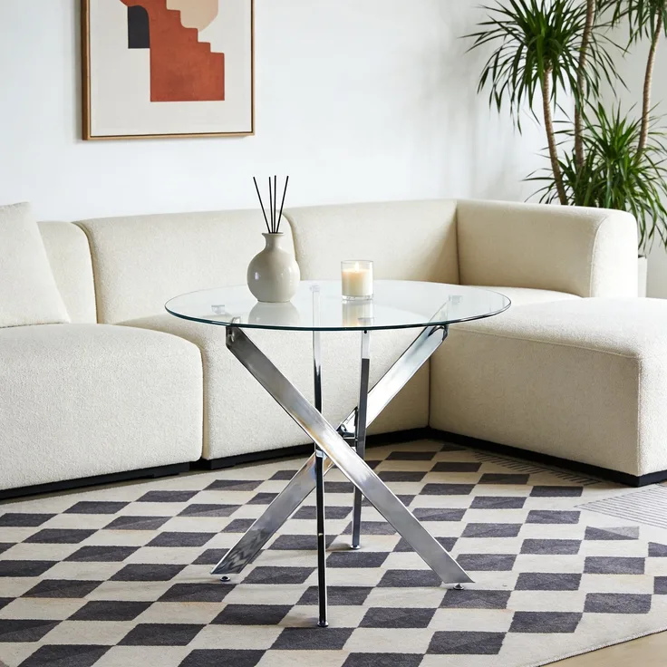 JARDJ Esstisch mit gekreuzten Metallbeinen und Tischplatte aus gehärtetem Glas, moderner, platzsparender Küchentisch für das Wohnzimmer, verchromte Beine, runder Tisch, silberfarbene Beine, 80 x 80 x 75 cm