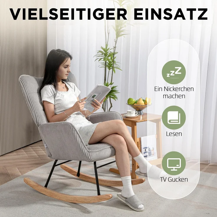HOMCOM Schaukelstuhl, Schaukelsessel mit Berbervlies-Optik, Armlehne, Sessel mit Holzkufen, Relaxsessel für Wohnzimmer, Schlafzimmer, Dunkelgrün – Bild 6