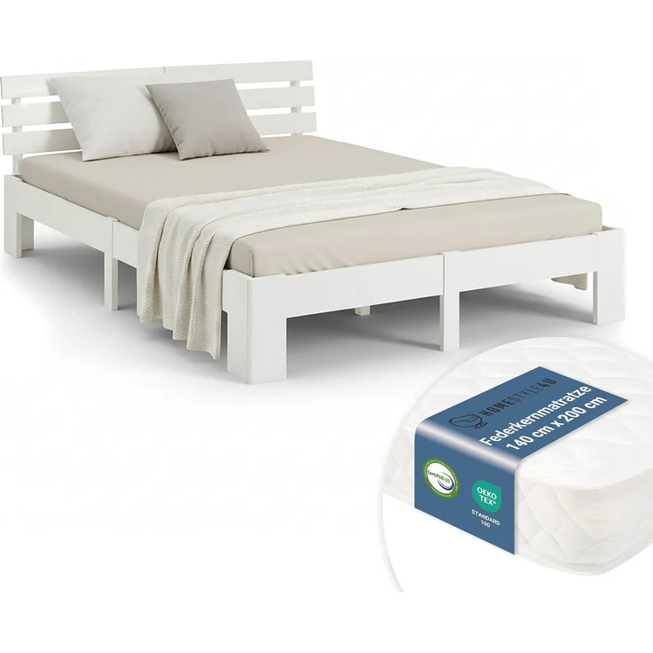 Holzbett mit Federkernmatratze 140x200 Weiß Jugendbett Doppelbett Bett Holzbettrahmen Massiv Holz Lattenrost – Bild 1
