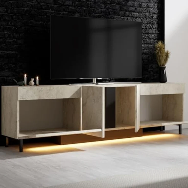 Moderner TV-Ständer mit LED-Beleuchtung, Travertin-Optik, 180 cm | 100% melaminbeschichtet, Metallbeine, RGB-Fernbedienung | Stilvolles und funktionales Design – Bild 4