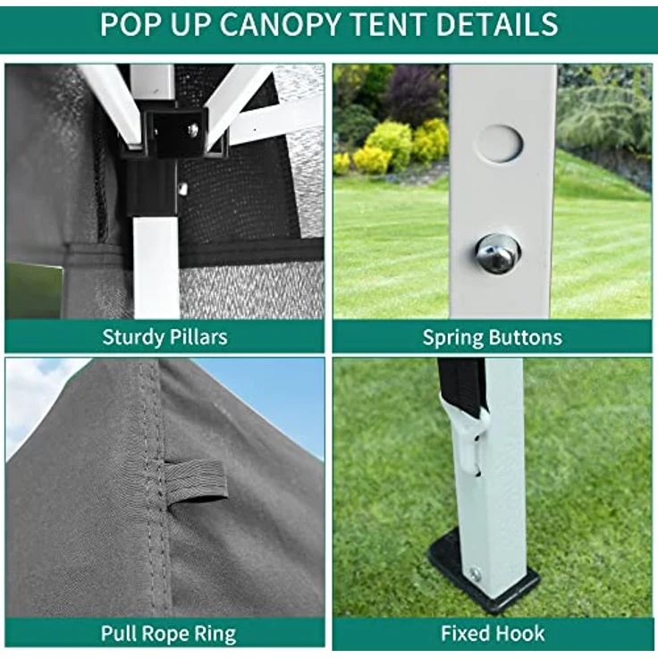 YITAHOME 3 x 3meter Pop-Up Pavillon | wasserdicht Faltpavillon | Anti-UV Gartenzelt Partyzelt | mit Tragetasche und Seilen | für Terrasse Strand Camping Markt Festival (Dunkelgrau) – Bild 5