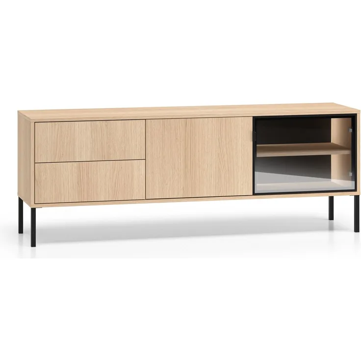 Selsey 'Barnee' - TV-Lowboard mit beleuchteter Glasvitrine, Eichenholzoptik, 160 cm