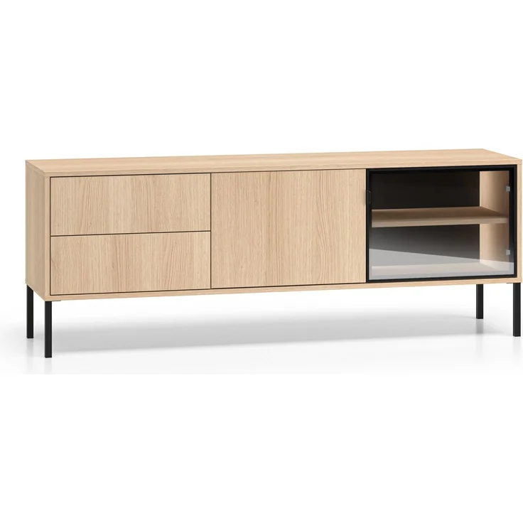 Selsey 'Barnee' - TV-Lowboard mit beleuchteter Glasvitrine, Eichenholzoptik, 160 cm – Bild 1