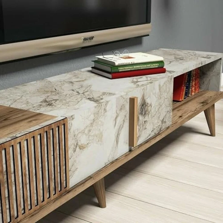 Dmora - Wohnzimmermöbel Gemini, Modulares Wohnzimmerset, Mehrzweck-Wohnzimmermöbel, Moderner TV-Schrank, 180x35h40 cm, Nussbaum und Weißer Marmor – Bild 4