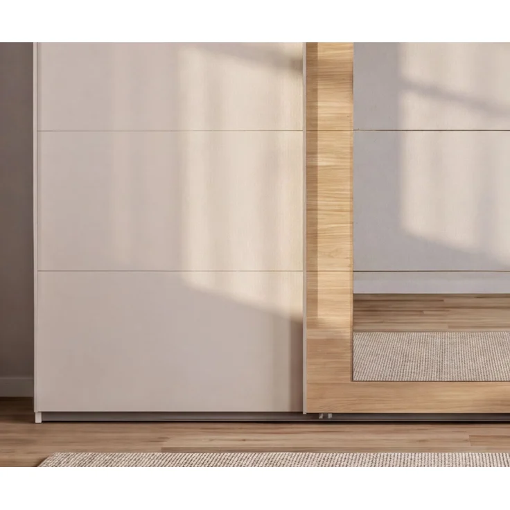 Schwebetürenschrank 3-trg. Kleiderschrank 313 cm Beige Grau, Eiche Natur Spiegel – Bild 4