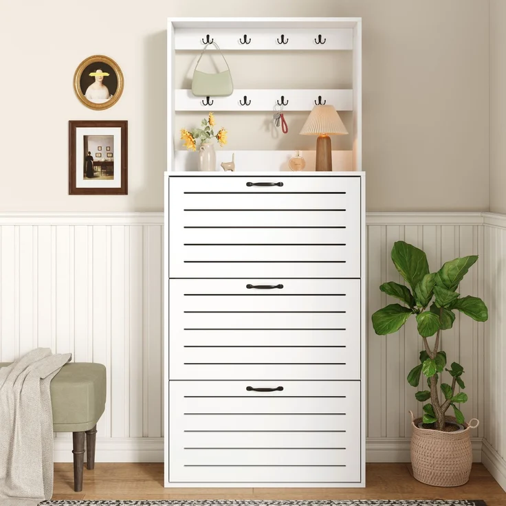 ZUBALIYA Schuhschrank (70 x 25 x 163 cm), 3 Türen, Lamellengestaltung, Aufbewahrung für Schuhe, Hausschuhe und Schuhzubehör, Weiß – Bild 6