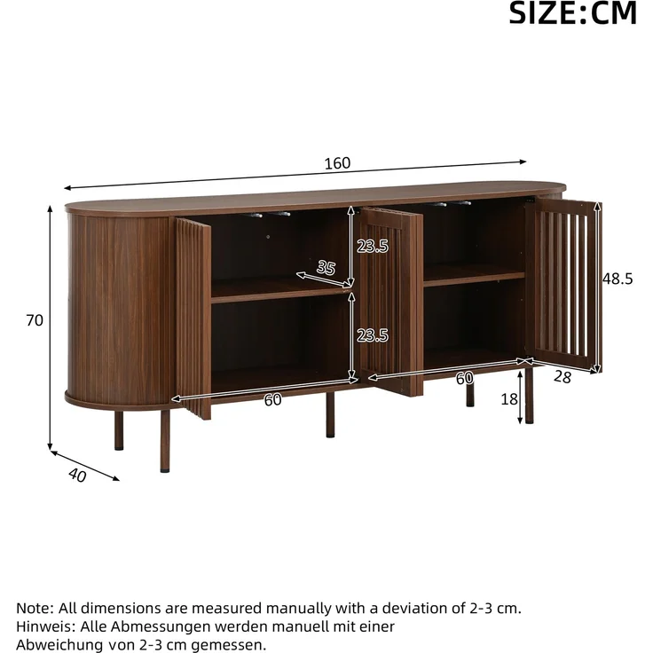 Merax 160x40x70cm Sideboard aus MDF mit 4 perforierten Schiebetüren, Kommode mit verstellbaren Einlegeböden und stabilen Metallbeinen, Wohnzimmer Buffet-Schrank, Walnussholzfarbe – Bild 4
