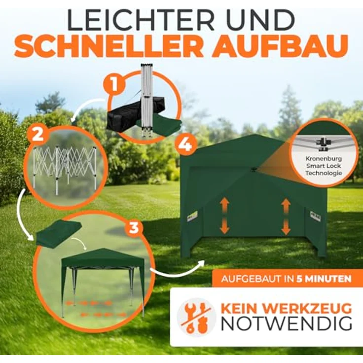 Kronenburg Faltpavillon wasserdicht Dachmaß 2x2 m UV Schutz 50+ Pavillon in Grün mit 4 Seitenteilen – Bild 5