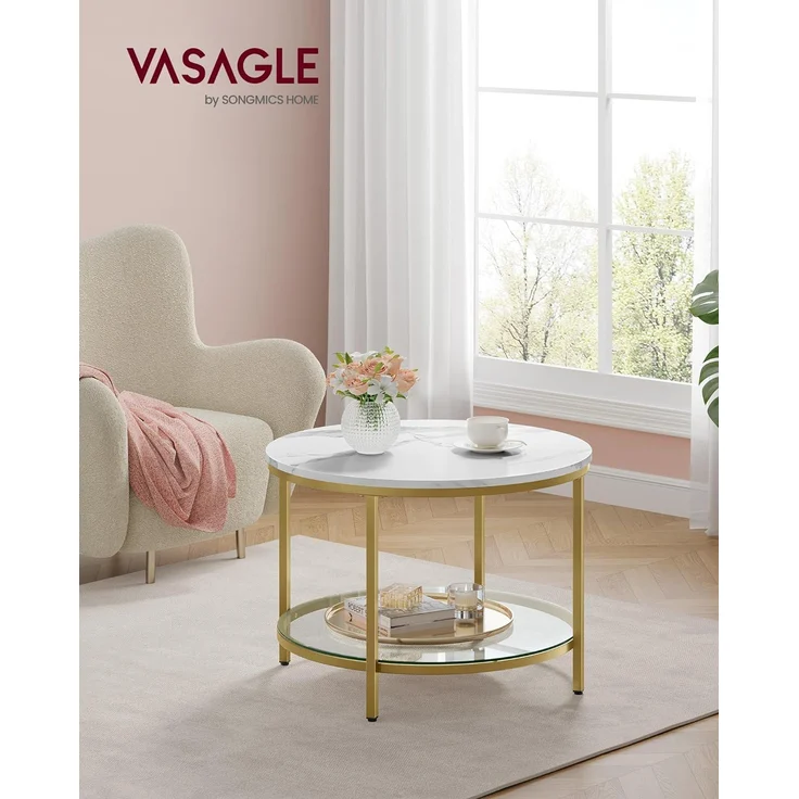 VASAGLE Couchtisch, Wohnzimmertisch, Sofatisch, für Wohnzimmer, mit Glasplatte, viel Stauraum, einfacher Aufbau, moderner Stil, marmorweiß-helles Gold LCT072W59 – Bild 2