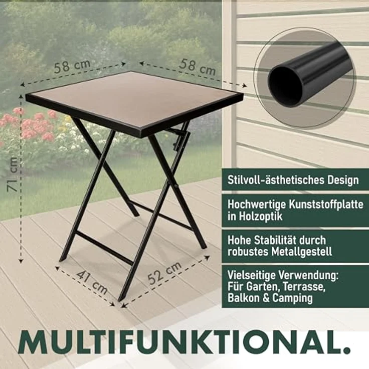 BRUBAKER Gartentisch Bergamo - 58 x 58 cm Balkontisch wetterfest (1-St, Campingtisch eckig mit Stein Optik - Klapptisch für Balkon, Terrasse), Metall Beistelltisch klappbar - Bistrotisch – Bild 7