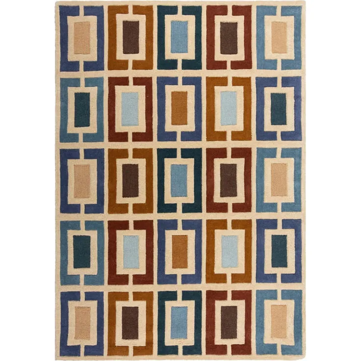 XXXLutz Wollteppich Retro Blocks, Blau, rechteckig 200x290 cm, abstraktes Design, Handmade in India, für Fußbodenheizung geeignet, AZO-frei, Reach zertifiziert