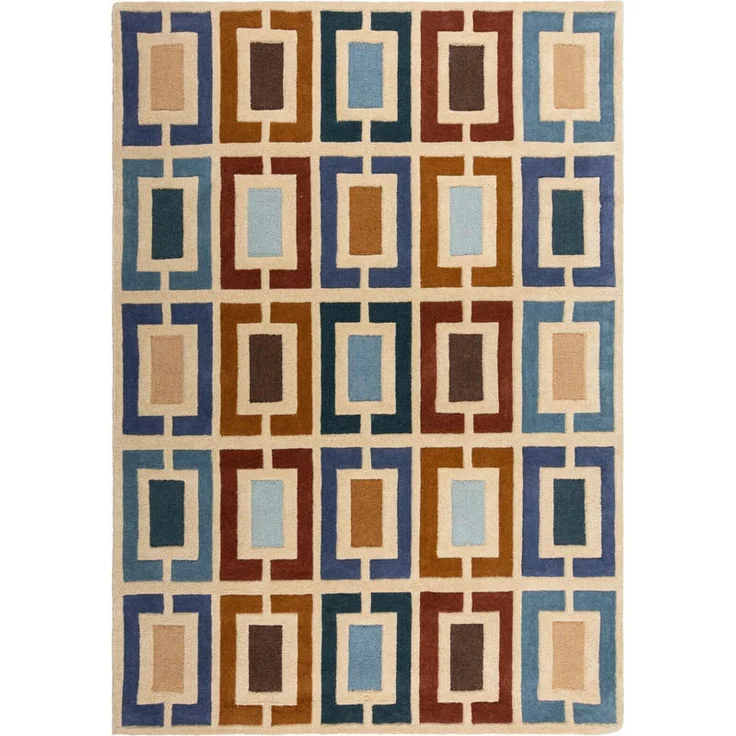 XXXLutz Wollteppich Retro Blocks, Blau, rechteckig 200x290 cm, abstraktes Design, Handmade in India, für Fußbodenheizung geeignet, AZO-frei, Reach zertifiziert