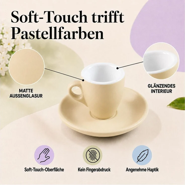 MUVELL Espressotasse Espressotassen 4er Set mit Untertassen, 50ml, Porzellan matt, 4-tlg, Porzellan, Creme, Barista-Design, dickwandig, Soft-Touch – Bild 2