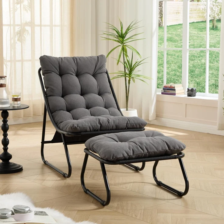 LVHOM Sessel mit Hocker, Gepolsterter Loungesessel aus Cord mit Metallgestell, ergonomischer Relaxsessel für Wohnzimmer und Schlafzimmer, Dunkelgrau – Bild 1