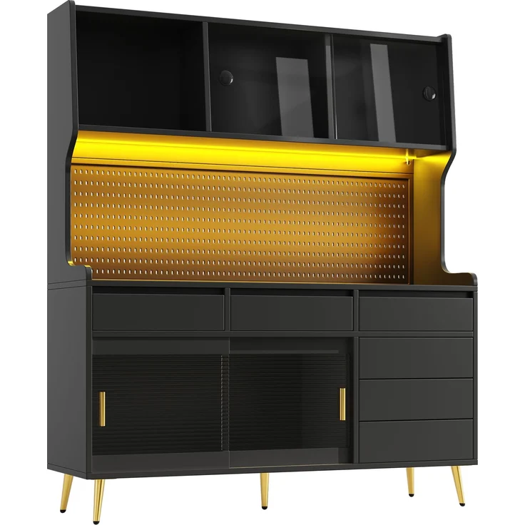 ZUBALIYA LED-Küchenschrank 145x39x171 cm, mit App-Steuerung, mit Stauraum, MDF/Glas, Schwarz – Bild 14