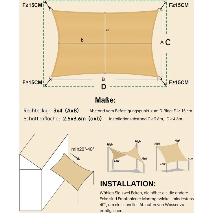 LOVE STORY Sonnensegel Wasserdicht 2. 5x5 m Rechteckig PES Polyester Sonnenschutz Windschutz Balkon Terrasse 95% UV-Schut,für Balkon Garten,Sandbeige – Bild 4