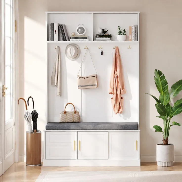 Garderobenständer mit Sitzbank und Schuhregal, 120x40x191 cm, Weiß