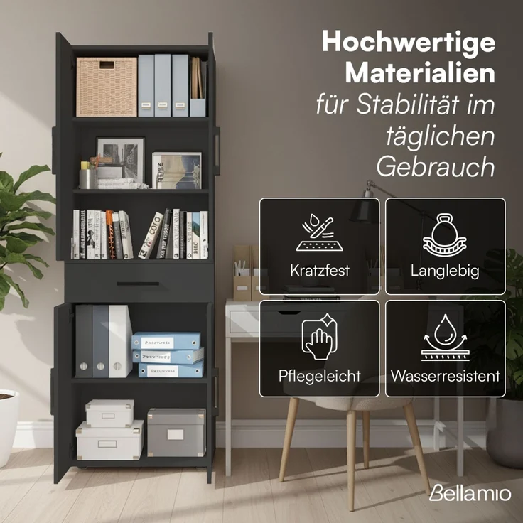 Bellamio 'Apol' Mehrzweckschrank, schwarz, 176x33x60 cm, Aktenschrank mit Schublade und 5 Ablagefächern – Bild 3