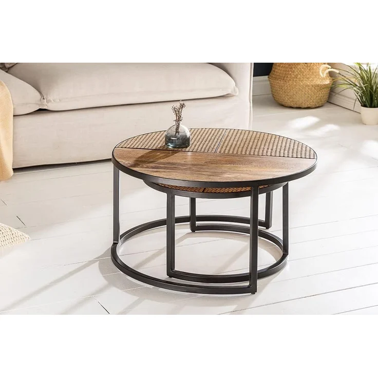 riess-ambiente Couchtisch VIENNA LOUNGE Ø70cm natur / schwarz (Set, 2-St), Wohnzimmer · Massivholz · Metall · rund · Rattan · Wiener Geflecht – Bild 4