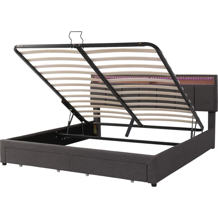 Polsterbett mit LED-Beleuchtung,Hydraulisch Stauraumbett mit Bettkasten,Schubladen und Staufächer,Verstaubares Kopfteil aus Schaum,Doppelbett aus Stahlrahmen,Leinen,160*200cm,grau – Bild 8