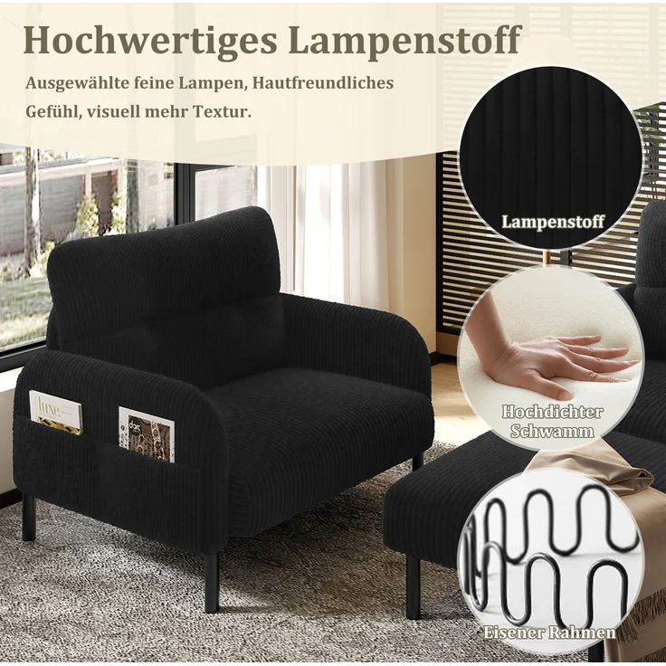 Sofaset aus Cord, 3-teilig mit Sessel, Hocker & 2-Sitzer, 120 x 75 x 79 cm, schwarz – Bild 4