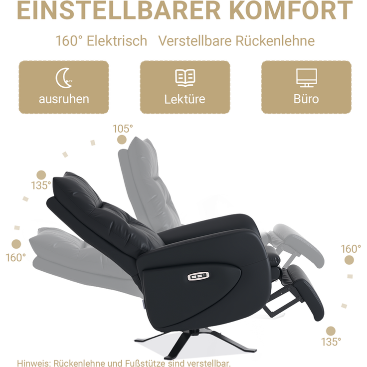 HOME NATURE WOHNKONZEPT Elektrischer Relaxsessel mit USB-Anschluss, elektrisch verstellbarer TV-Sessel mit Liegefunktion, Kunstleder Schwarz, bis 350 kg, FT9207-A – Bild 3