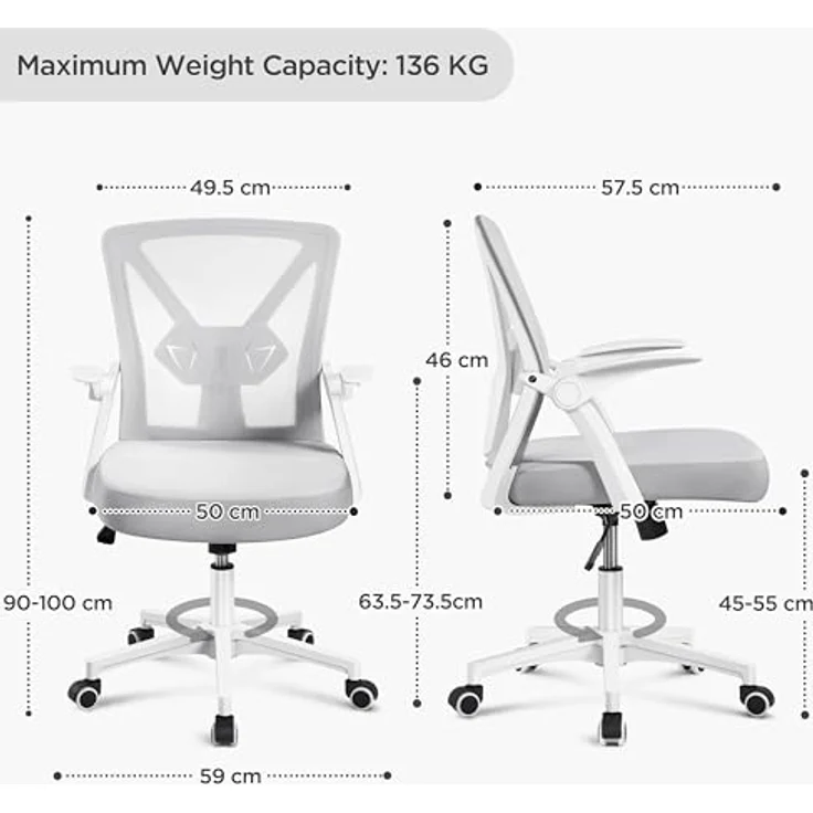 Yaheetech Bürostuhl Schreibtischstuhl mit hochklappbare Armlehnen, Drehstuhl aus Mesh, Office Chair Ergonomic, erstellbaren Lendenwirbelstütze, Wippfunktion, höhenverstellbar Hellgrau – Bild 2