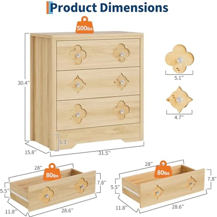GarveeHome Kommode Mit 3 Schubladen, Nachttisch Mit Durchbrochenem Muster Und Kristallknauf, Dekorativer Beistelltisch Mit 220 kg Tragkraft, Für Wohnzimmer Und Schlafzimmer, 80 x 40 x 77 cm – Bild 2