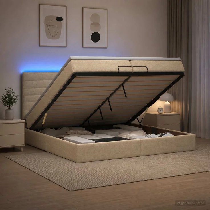 vidaXL Ottoman-Bett mit Matratze und LED Creme 200 x 200 cm Stoff 3458019 – Bild 1