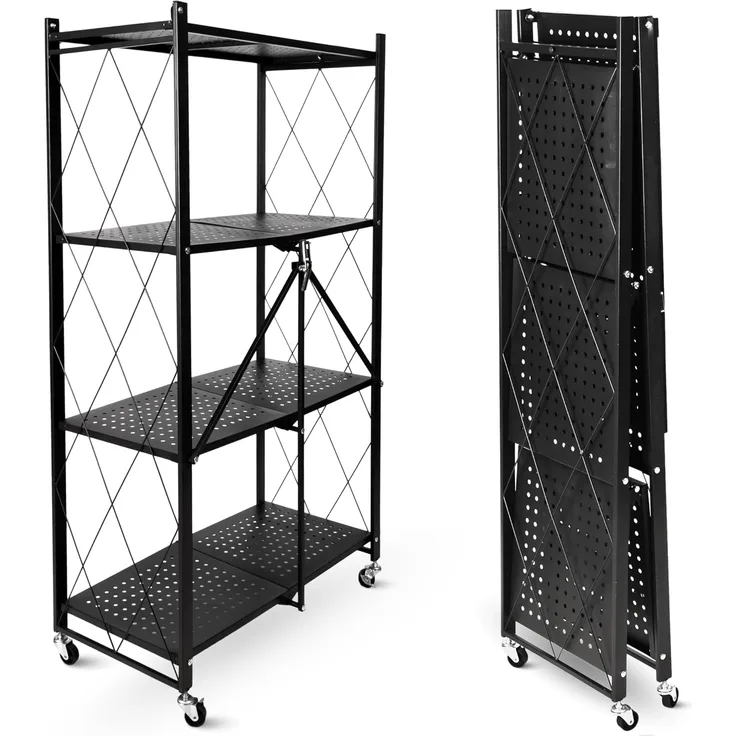 deluxe4home Mehrzweckregal Klappregal rollbar in schwarz I Rollregal klappbar Küchenregal, Faltregal mit Rollen