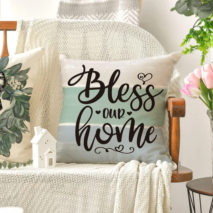 Kissenbezüge 45×45 cm 4er-Set Eukalyptus-Kranz, Bless Our Home, Buffalo Plaid, Frühling Deko – Bild 5