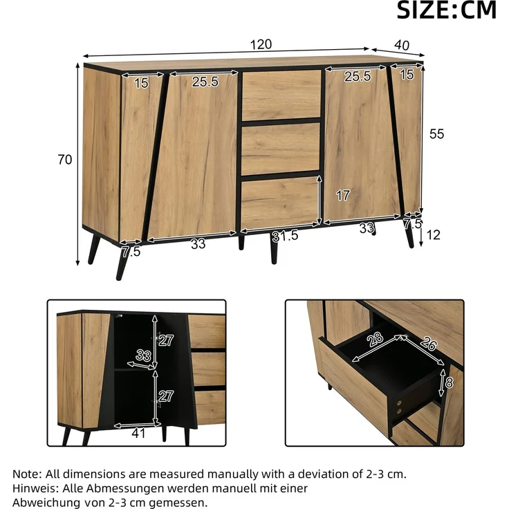 Abrihome Sideboard Aufbewahrungsschrank, Kaffeebar, 3 Schubladen, Naturholz, 120 x 40 x 70 cm – Bild 3