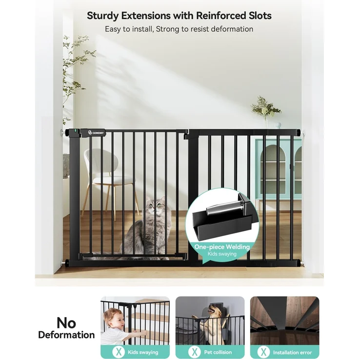 COMOMY 75-131cm Treppenschutzgitter Ohne Bohren, Türschutzgitter Automatisches Schließen mit Grün/Rotem Schild, Baby schutzgitter Kindergitter Hundegitter für Treppe (76cm Hoch, Schwarz) – Bild 2