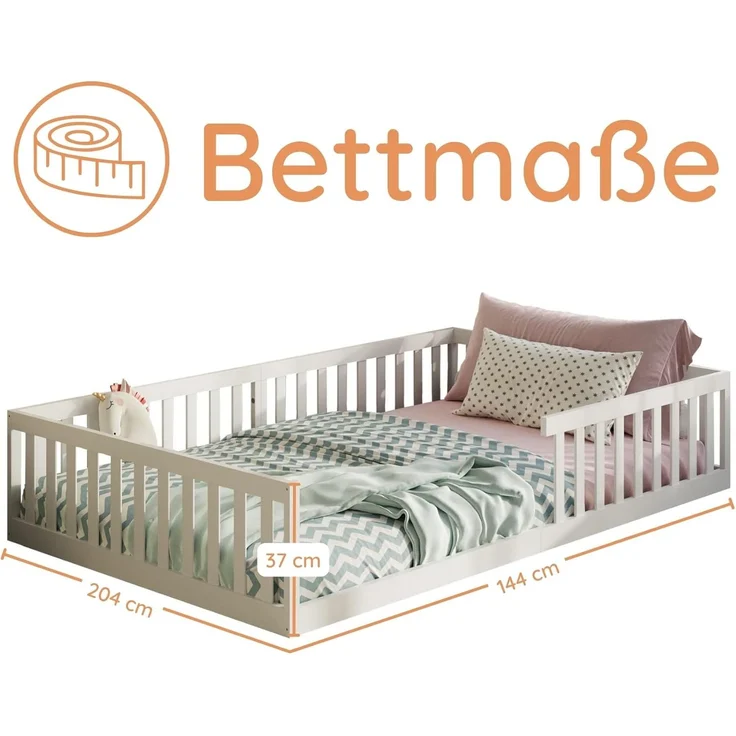 Kids Collective Kinderbett Bodenbett Bett mit Rausfallschutz & Lattenrost Montessori Bett Kinder (weitere Größen, 90x200, 120x200 cm), Jugendbett Einzelbett mit Matratze, weiß Kiefer 140x200 cm – Bild 2