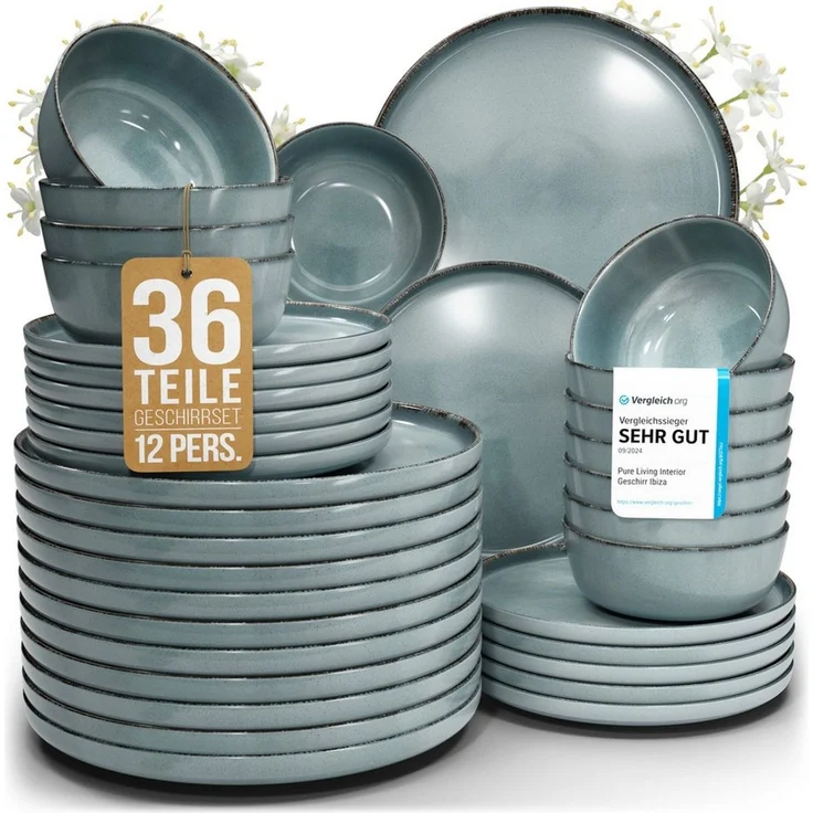 PURE LIVING INTERIOR DESIGN Geschirr-Set Rustic aus Steingut, 36-tlg, für 12 Personen, Rauchblau (1-tlg), 12 Personen, Steingut, Spülmaschinenfest, mikrowellengeeignet, kratzfest und alltagstauglich – Bild 1