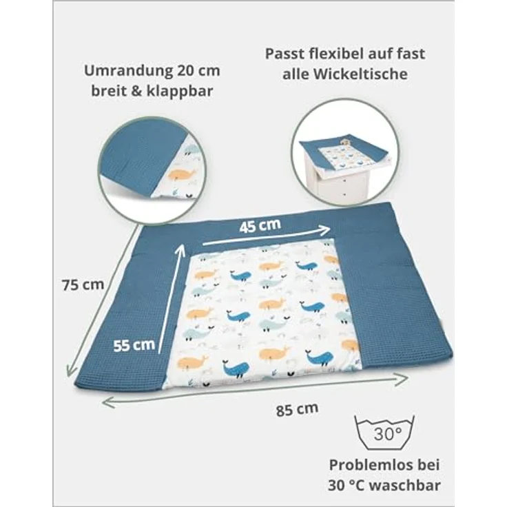 ULLENBOOM ® Wickelauflage 85x75 cm Waffelpiqué Blau Wale (Made in EU) - Wickelunterlage Waschbar und für Unterwegs geeignet, Bezug: 100% OEKO TEX Baumwolle, Wickeltischauflage 75x85 – Bild 4