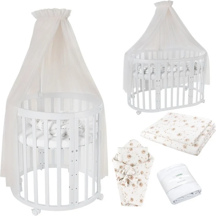 Waldin Babybett Mobiles Babybett OWAL aus Holz 7in1 mit Matratze, mitwachsend – Bild 1