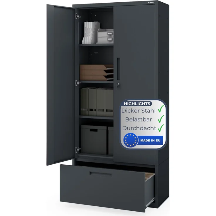 Metallschrank mit Hohe Schublade RUEL - 195x90x40cm Anthrazit | Büroschrank Aktenschrank Stahlschrank Fachbodenschrank Werkstattschrank – Bild 1
