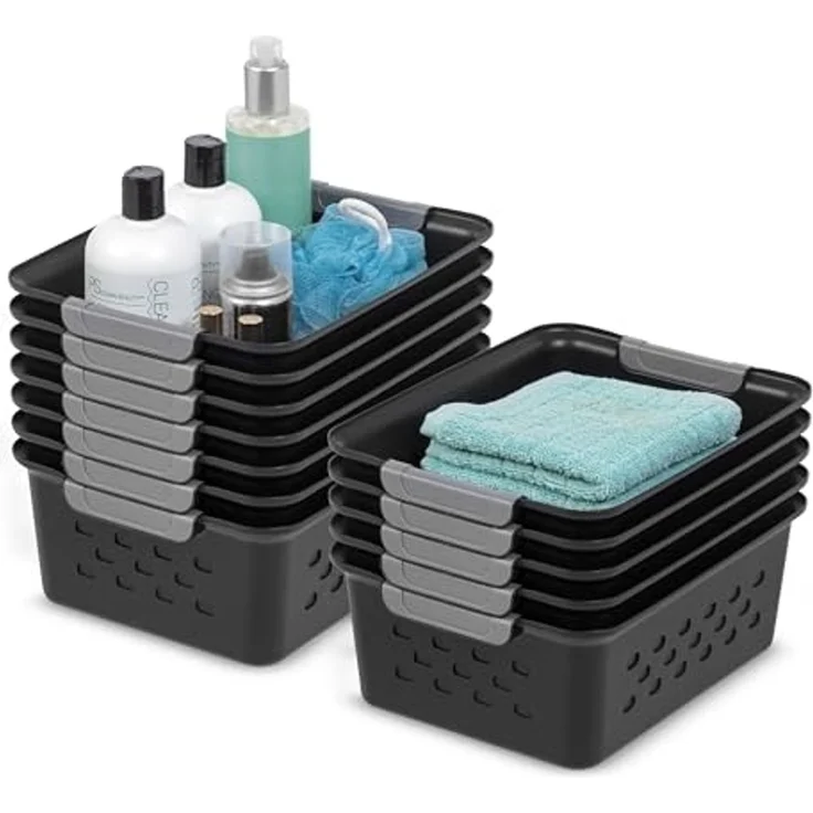 Iris Ohyama, 12er-Set 5L, aufbewahrungskörbe aus Kunststoff, Vielseitige Ordnungsbox, Stapelbar & platzsparend, Nachhaltige Organisation, BPA-frei, Körbe & Behälter für Bad & Küche, Schwarz, OSB-S – Bild 1