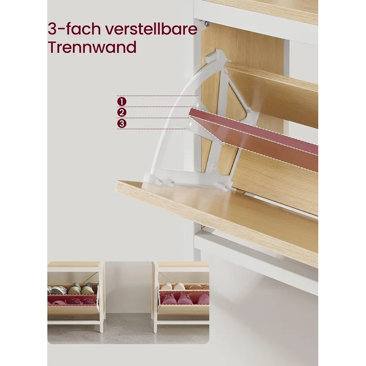 Vasagle Garderobenständer mit Schuhschrank, Garderobe mit Sitzbank, Kleiderständer, Schuhkipper, 9 Haken, obere Ablage, für Flur, Schlafzimmer, modernes Design, eichenfarben-weiß von Songmics RSH405W09 – Bild 4