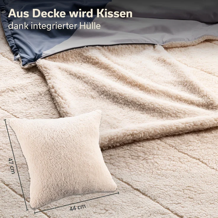Skandika Deckenschlafsack Campingdecke Liva, 4-in-1, Outdoor Decke, 200x135cm, Überwurf, Kissen, mit Teddyfell oder Nylon Unterseite, Polyester, wasserdicht – Bild 5