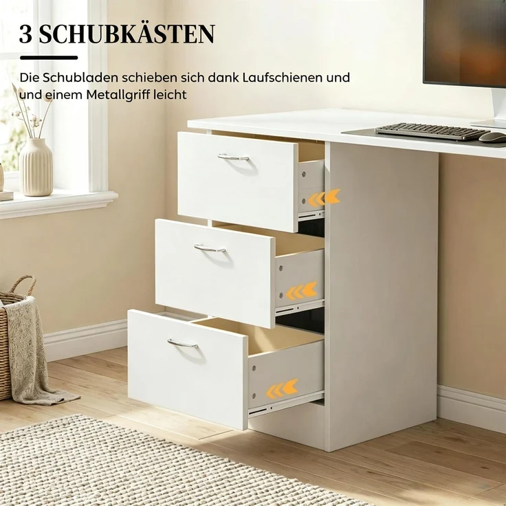 Schreibtisch 120x49x72 cm aus MDF, weiß, mit 3 Schubladen und 3 offenen Regalen – Bild 7