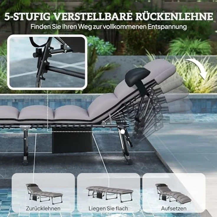 Outsunny Gartenliege mit 5-fach Verstellbar Rückenlehne, gepolsterter Matratze, Kopfstütze, Liegestuhl, 1 St, Sonnenliege, für Garten Terrasse Pool – Bild 4