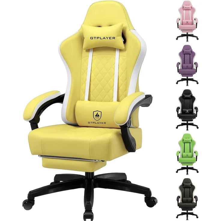 GTPLAYER Gaming Stuhl Ergonomischer Gaming Sessel Schreibtischstuhl Kunstleder, Federsitzkissen, Verbindungsarmlehnen und Fußstütze 150KG, gelb – Bild 1